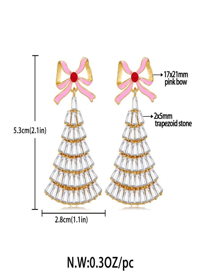 FAUTHENTICUTE Christmas Tree Earrings for Women Pink Enamel Bow Stud With A Clear Rhinestone Tree Dangle Holiday Statement Earrings Cute Christmas Jewelry - Image 5